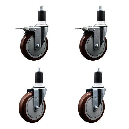 Service Caster 5'' Maroon Poly Swivel 1-1/2'' Expanding Stem Caster Set 2 Total Lock Brakes, 4PK SCC-EXTTL20S514-PPUB-MRN-2-S-2-112